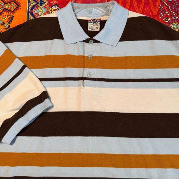 Old Skool Urban Wear Striped Polo Shirt Men’s 3X Blue Brown White Short Sleeve - Picture 3 of 9